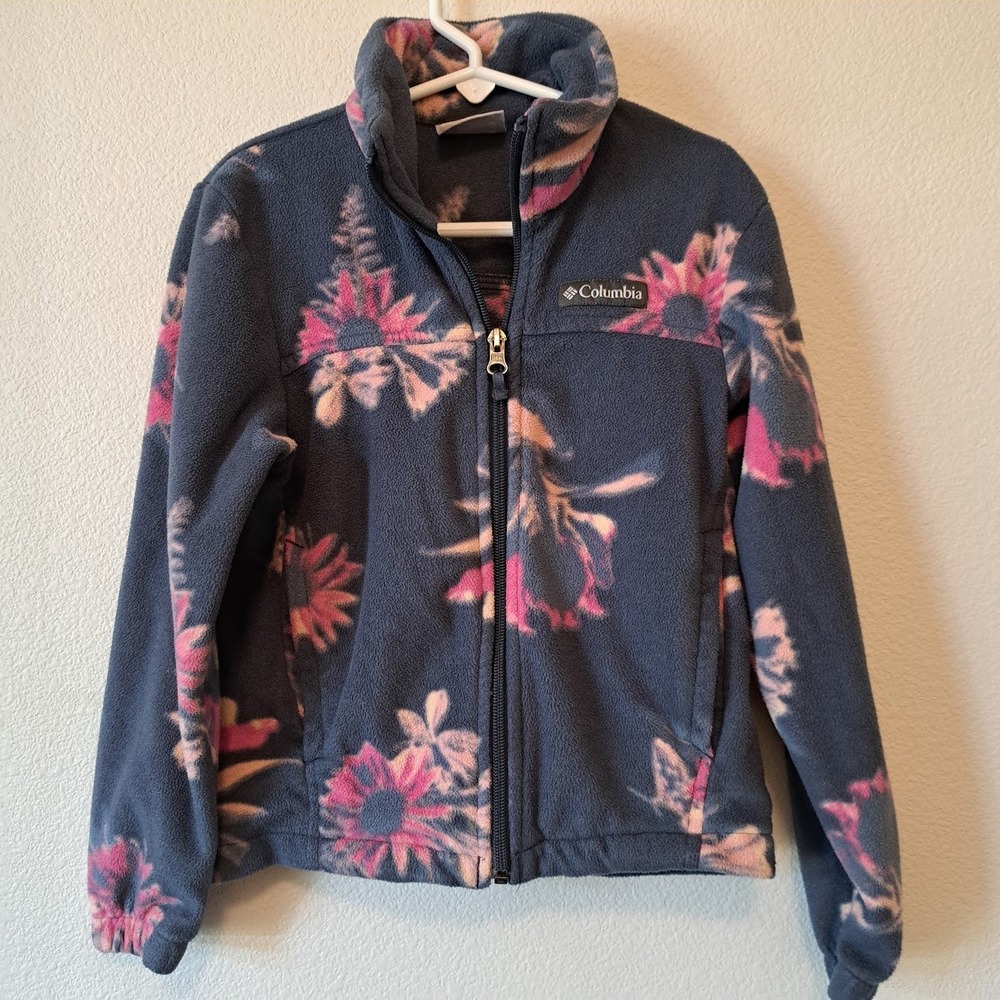 Columbia Girls XS 6/7 Fleece Jacket Navy Pink Floral Full Zip Benton Springs